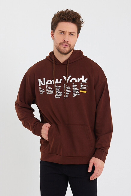 Erkek Kapşonlu Oversize Fit Newyork Baskılı İnce Sweatshirt SPR23SW362