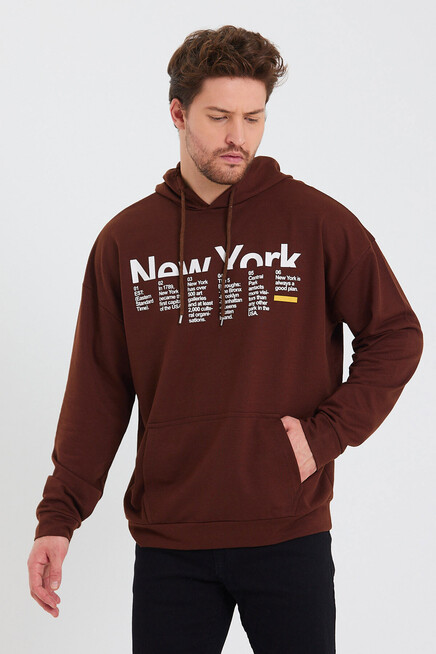 Erkek Kapşonlu Oversize Fit Newyork Baskılı İnce Sweatshirt SPR23SW362