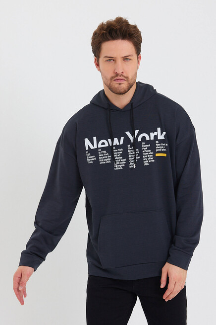 Erkek Kapşonlu Oversize Fit Newyork Baskılı İnce Sweatshirt SPR23SW362