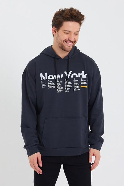 Erkek Kapşonlu Oversize Fit Newyork Baskılı İnce Sweatshirt SPR23SW362