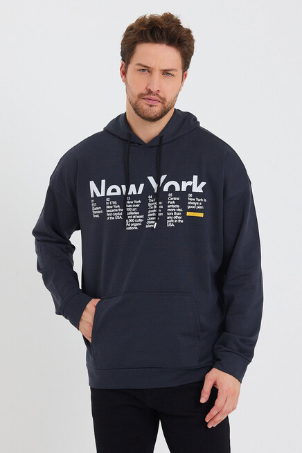 Erkek Kapşonlu Oversize Fit Newyork Baskılı İnce Sweatshirt SPR23SW362