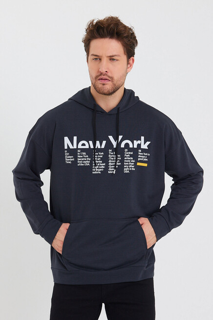 Erkek Kapşonlu Oversize Fit Newyork Baskılı İnce Sweatshirt SPR23SW362