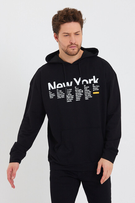 Erkek Kapşonlu Oversize Fit Newyork Baskılı İnce Sweatshirt SPR23SW362