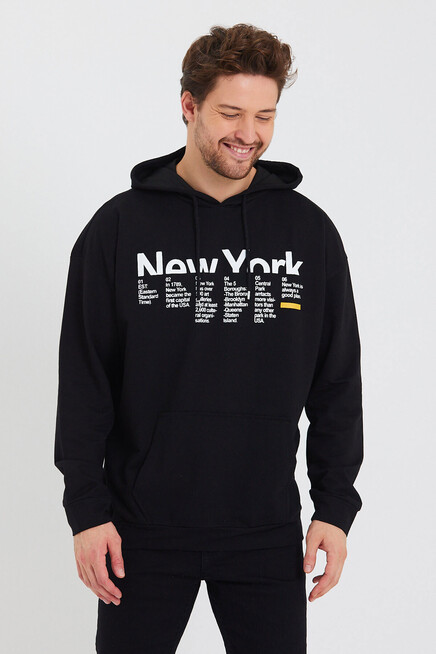 Erkek Kapşonlu Oversize Fit Newyork Baskılı İnce Sweatshirt SPR23SW362