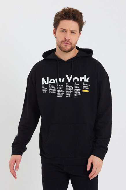 Erkek Kapşonlu Oversize Fit Newyork Baskılı İnce Sweatshirt SPR23SW362