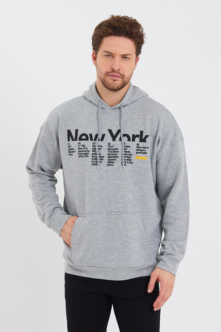 Erkek Kapşonlu Oversize Fit Newyork Baskılı İnce Sweatshirt SPR23SW362