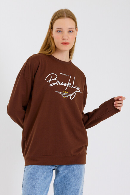 Süperlife Kadın Bisiklet Yaka Oversize Fit El Yazılı Brooklyn İnce Sweatshirt SPR23SWK331