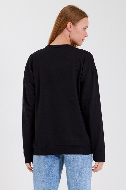Süperlife Kadın Bisiklet Yaka Oversize Fit El Yazılı Brooklyn İnce Sweatshirt SPR23SWK331