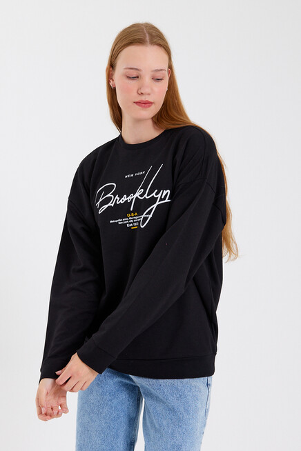 Süperlife Kadın Bisiklet Yaka Oversize Fit El Yazılı Brooklyn İnce Sweatshirt SPR23SWK331