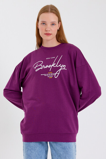 Süperlife Kadın Bisiklet Yaka Oversize Fit El Yazılı Brooklyn İnce Sweatshirt SPR23SWK331