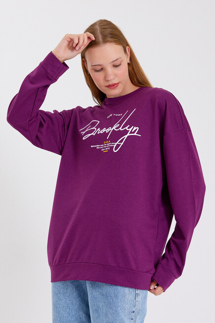Süperlife Kadın Bisiklet Yaka Oversize Fit El Yazılı Brooklyn İnce Sweatshirt SPR23SWK331