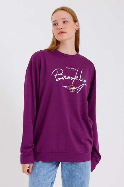 Süperlife Kadın Bisiklet Yaka Oversize Fit El Yazılı Brooklyn İnce Sweatshirt SPR23SWK331