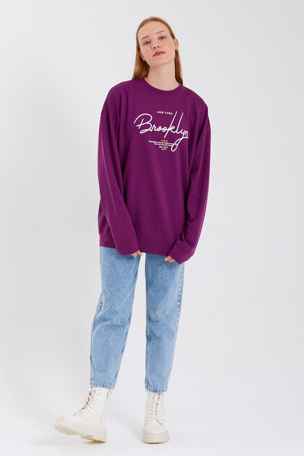 Süperlife Kadın Bisiklet Yaka Oversize Fit El Yazılı Brooklyn İnce Sweatshirt SPR23SWK331