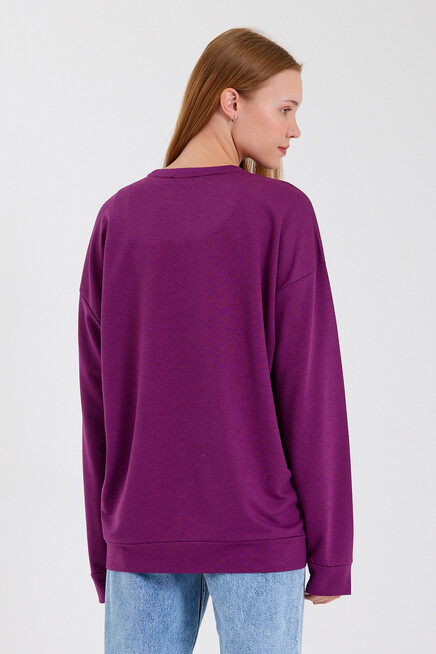 Süperlife Kadın Bisiklet Yaka Oversize Fit El Yazılı Brooklyn İnce Sweatshirt SPR23SWK331