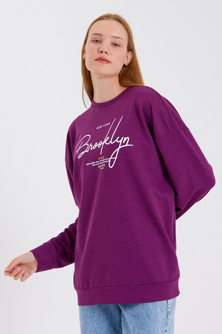 Süperlife Kadın Bisiklet Yaka Oversize Fit El Yazılı Brooklyn İnce Sweatshirt SPR23SWK331