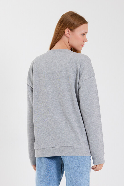 Süperlife Kadın Bisiklet Yaka Oversize Fit El Yazılı Brooklyn İnce Sweatshirt SPR23SWK331