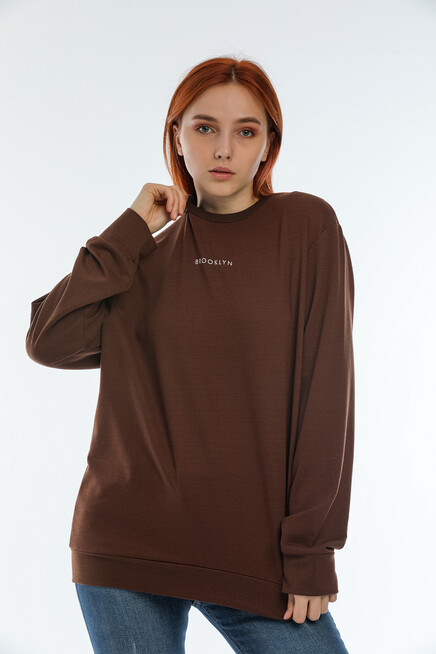 Kadın Bisiklet Yaka Oversize Fit Brooklyn Baskılı Sweatshirt SPR22SWK030