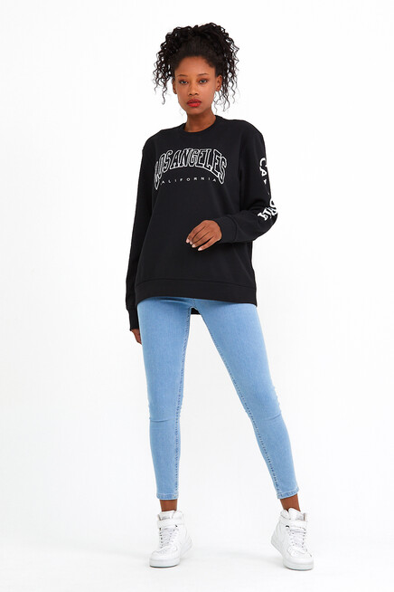 Bisiklet Yaka Oversize Fit Ön Ve Kol Baskılı İnce Sweatshirt SPR22SWK133