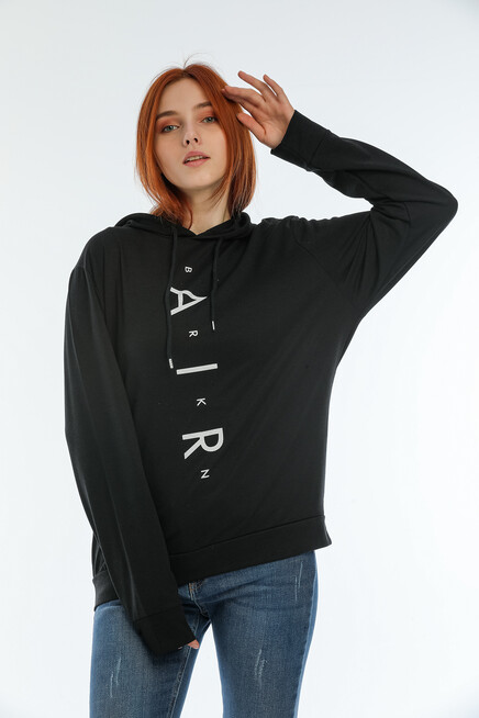 Süperlife Kadın Kapşonlu Oversize Fit Air Baskılı İnce Sweatshırt SPR22SWk162 