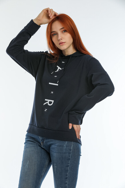 Süperlife Kadın Kapşonlu Oversize Fit Air Baskılı İnce Sweatshırt SPR22SWk162 