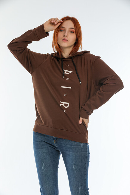 Süperlife Kadın Kapşonlu Oversize Fit Air Baskılı İnce Sweatshırt SPR22SWk162 