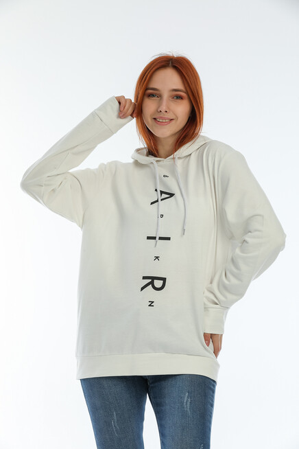 Süperlife Kadın Kapşonlu Oversize Fit Air Baskılı İnce Sweatshırt SPR22SWk162 