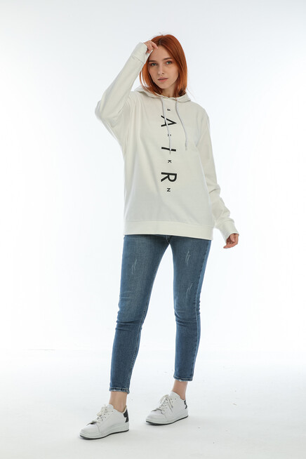 Süperlife Kadın Kapşonlu Oversize Fit Air Baskılı İnce Sweatshırt SPR22SWk162 