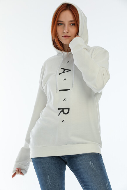 Süperlife Kadın Kapşonlu Oversize Fit Air Baskılı İnce Sweatshırt SPR22SWk162 