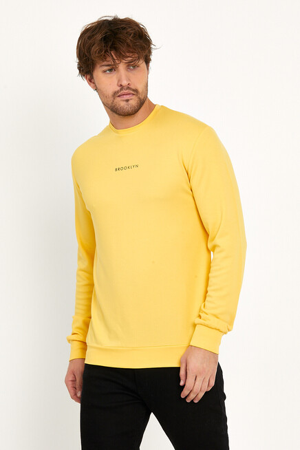 Erkek Bisiklet Yaka Slim Fit Brookyln Baskılı İnce Sweatshirt SPR22SW102