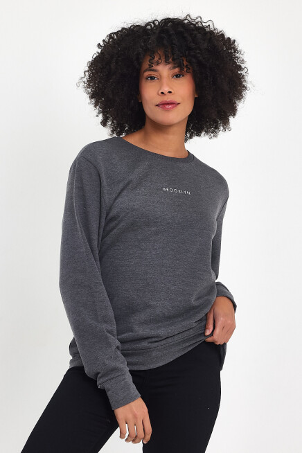 Süperlife Kadın Bisiklet Yaka Rahat Kalıp 3 iplik Kalın Orta Brooklyn Nakışlı Sweatshirt SPR24SWk34