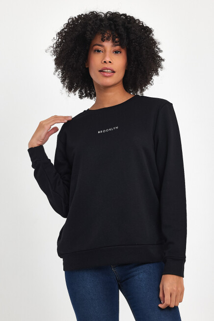 Süperlife Kadın Bisiklet Yaka Rahat Kalıp 3 iplik Kalın Orta Brooklyn Nakışlı Sweatshirt SPR24SWk34