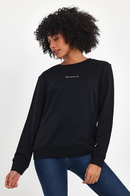 Süperlife Kadın Bisiklet Yaka Rahat Kalıp 3 iplik Kalın Orta Brooklyn Nakışlı Sweatshirt SPR24SWk34