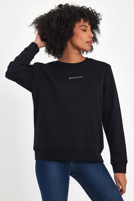 Süperlife Kadın Bisiklet Yaka Rahat Kalıp 3 iplik Kalın Orta Brooklyn Nakışlı Sweatshirt SPR24SWk34