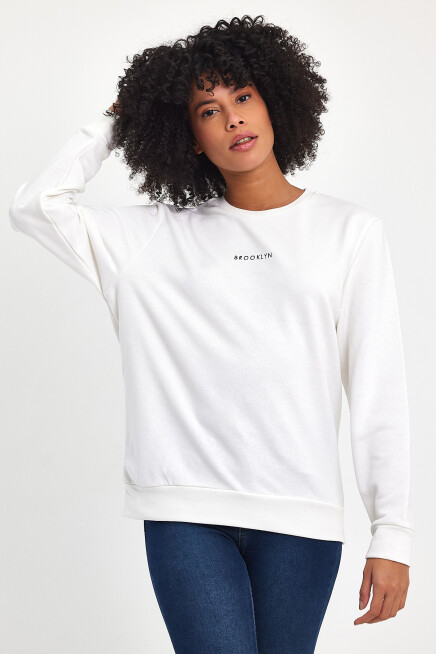 Süperlife Kadın Bisiklet Yaka Rahat Kalıp 3 iplik Kalın Orta Brooklyn Nakışlı Sweatshirt SPR24SWk34