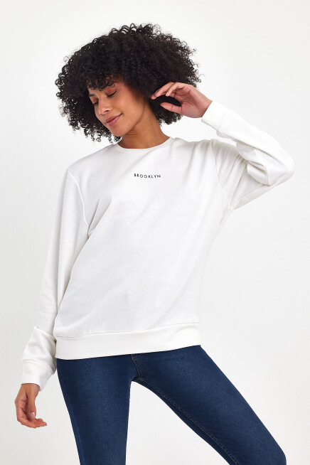 Süperlife Kadın Bisiklet Yaka Rahat Kalıp 3 iplik Kalın Orta Brooklyn Nakışlı Sweatshirt SPR24SWk34