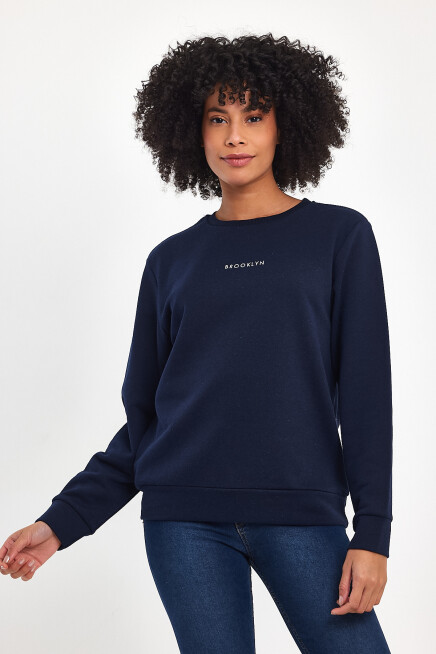 Süperlife Kadın Bisiklet Yaka Rahat Kalıp 3 iplik Kalın Orta Brooklyn Nakışlı Sweatshirt SPR24SWk34