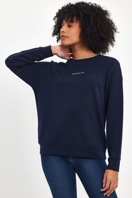 Süperlife Kadın Bisiklet Yaka Rahat Kalıp 3 iplik Kalın Orta Brooklyn Nakışlı Sweatshirt SPR24SWk34