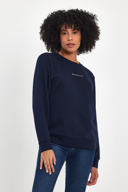Süperlife Kadın Bisiklet Yaka Rahat Kalıp 3 iplik Kalın Orta Brooklyn Nakışlı Sweatshirt SPR24SWk34