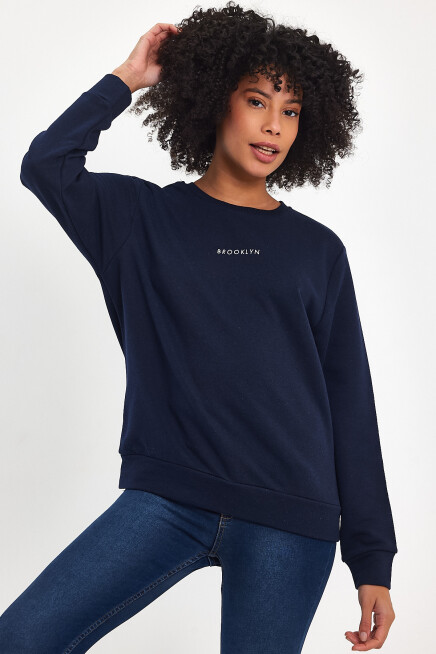 Süperlife Kadın Bisiklet Yaka Rahat Kalıp 3 iplik Kalın Orta Brooklyn Nakışlı Sweatshirt SPR24SWk34