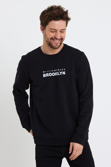 Erkek Bisiklet Yaka Rahat Kalıp 3 iplik Kalın Brooklyn Baskılı Sweatshirt SPR24sw29