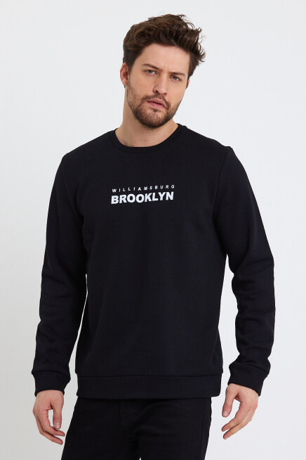 Erkek Bisiklet Yaka Rahat Kalıp 3 iplik Kalın Brooklyn Baskılı Sweatshirt SPR24sw29