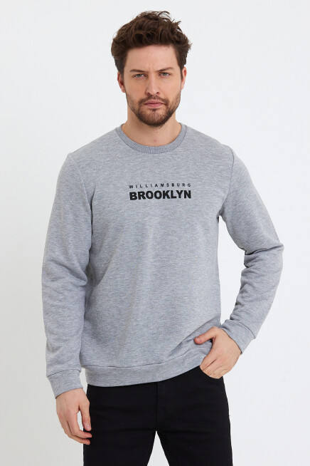 Erkek Bisiklet Yaka Rahat Kalıp 3 iplik Kalın Brooklyn Baskılı Sweatshirt SPR24sw29