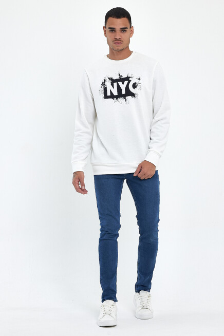 Süperlife Erkek Bisiklet Yaka Rahat Kalıp 3 iplik Kalın NYC Baskılı SweatShırt spr24sw24