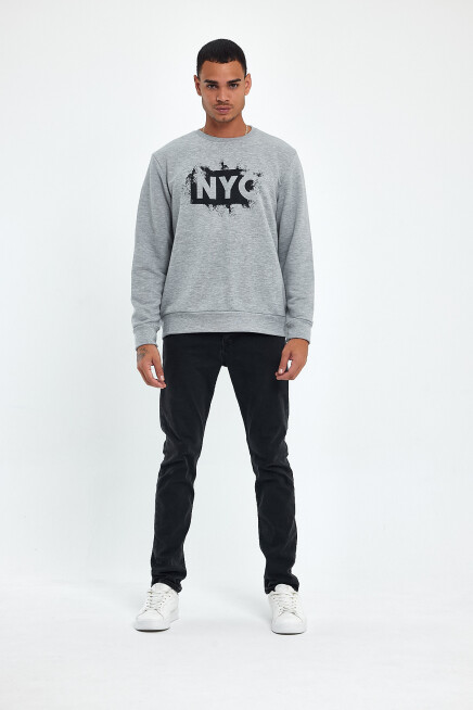 Süperlife Erkek Bisiklet Yaka Rahat Kalıp 3 iplik Kalın NYC Baskılı SweatShırt spr24sw24