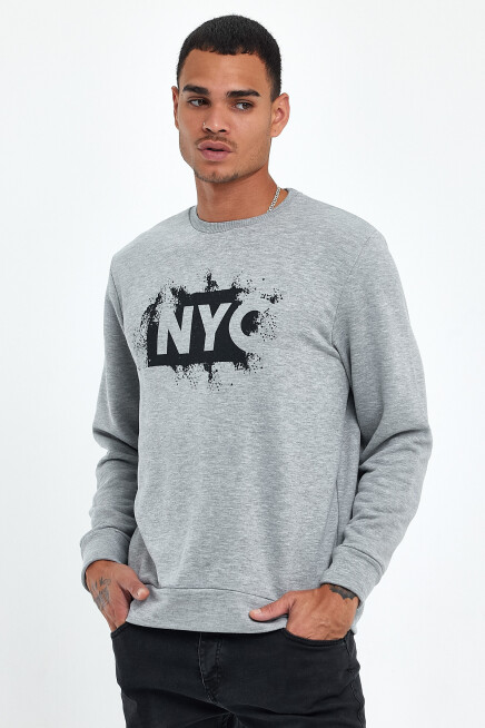 Süperlife Erkek Bisiklet Yaka Rahat Kalıp 3 iplik Kalın NYC Baskılı SweatShırt spr24sw24