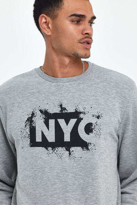Süperlife Erkek Bisiklet Yaka Rahat Kalıp 3 iplik Kalın NYC Baskılı SweatShırt spr24sw24