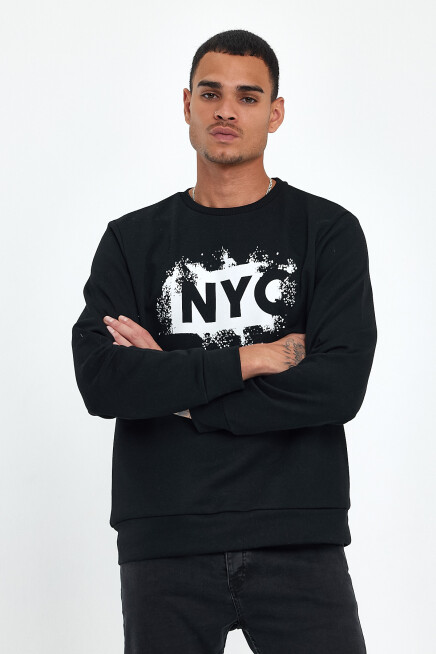 Süperlife Erkek Bisiklet Yaka Rahat Kalıp 3 iplik Kalın NYC Baskılı SweatShırt spr24sw24