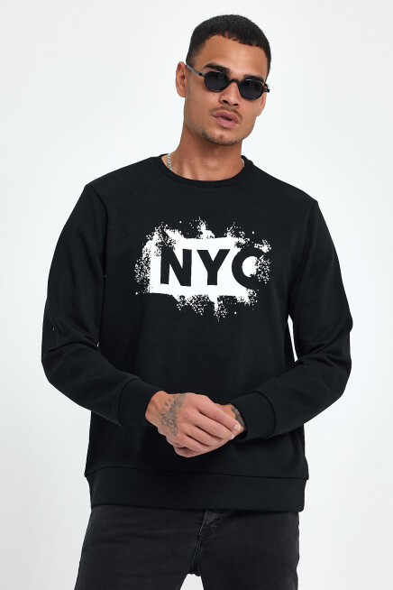 Süperlife Erkek Bisiklet Yaka Rahat Kalıp 3 iplik Kalın NYC Baskılı SweatShırt spr24sw24