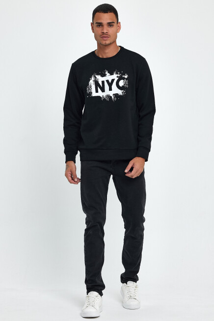 Süperlife Erkek Bisiklet Yaka Rahat Kalıp 3 iplik Kalın NYC Baskılı SweatShırt spr24sw24