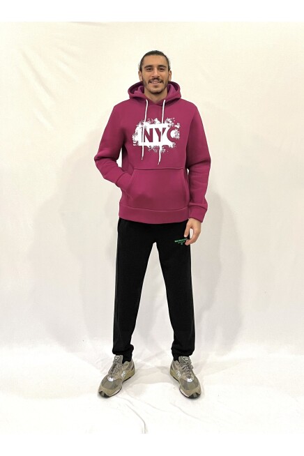Süperlife Erkek Kapşonlu Rahat Kalıp İçi Polarlı 3 iplik NYC Baskılı SweatShırt spr24sw09